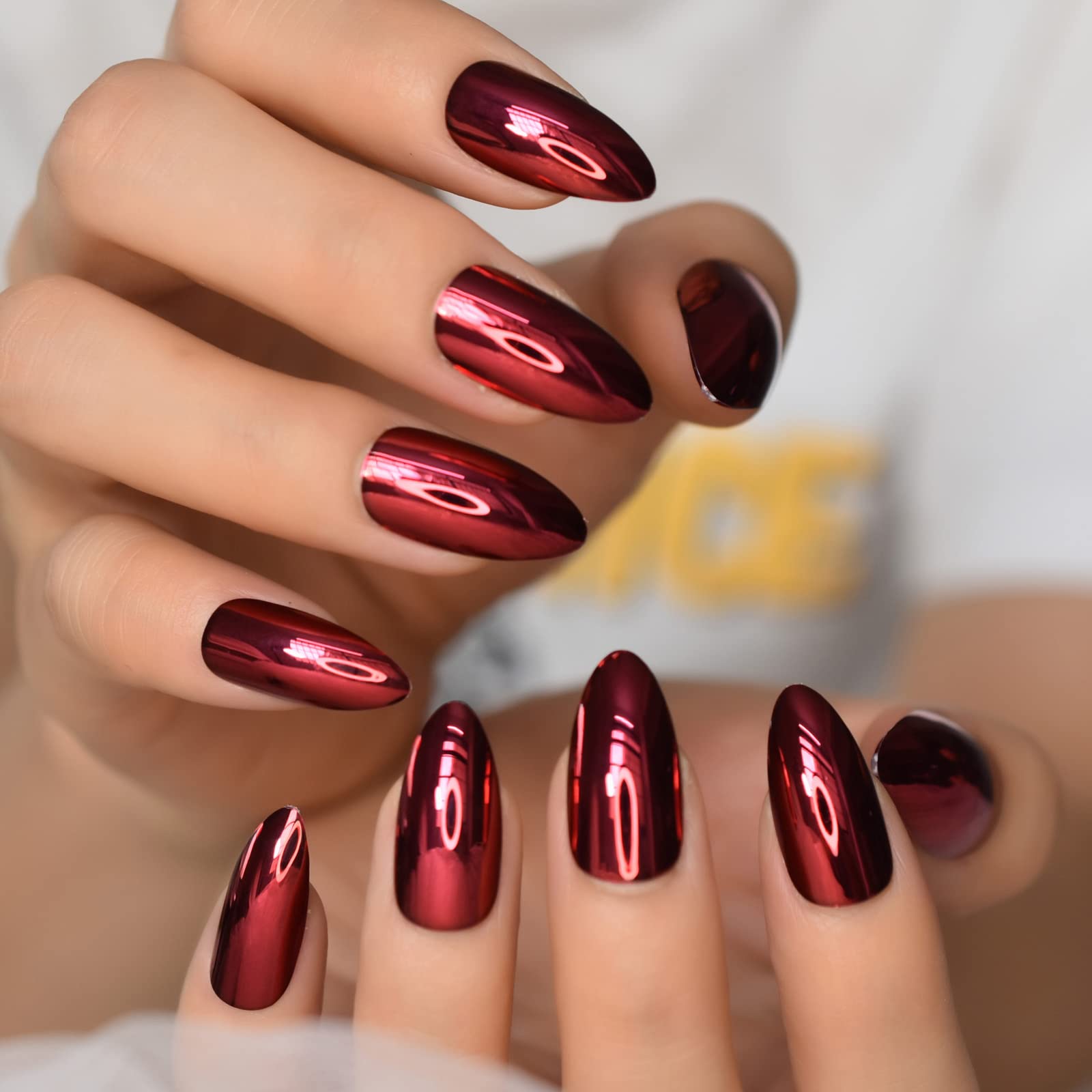 Rot Metallic Holographic Chrome Medium Stiletto Press on Nails Mirror False Nail