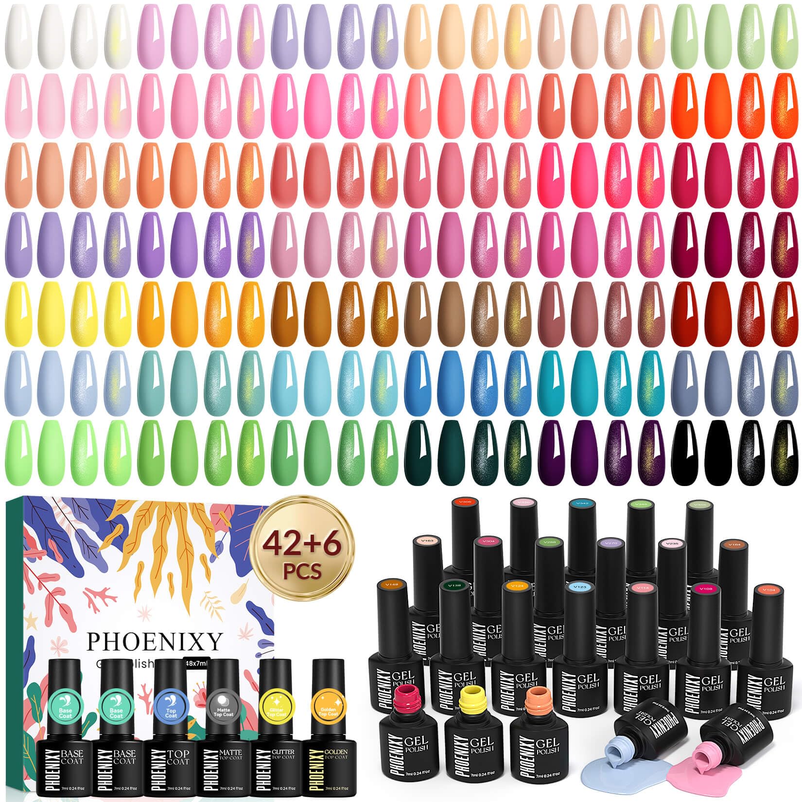 Phoenixy U V Nagellack Set, 48 Stück Gel Nägel Set mit Unterlack und Überlack 42