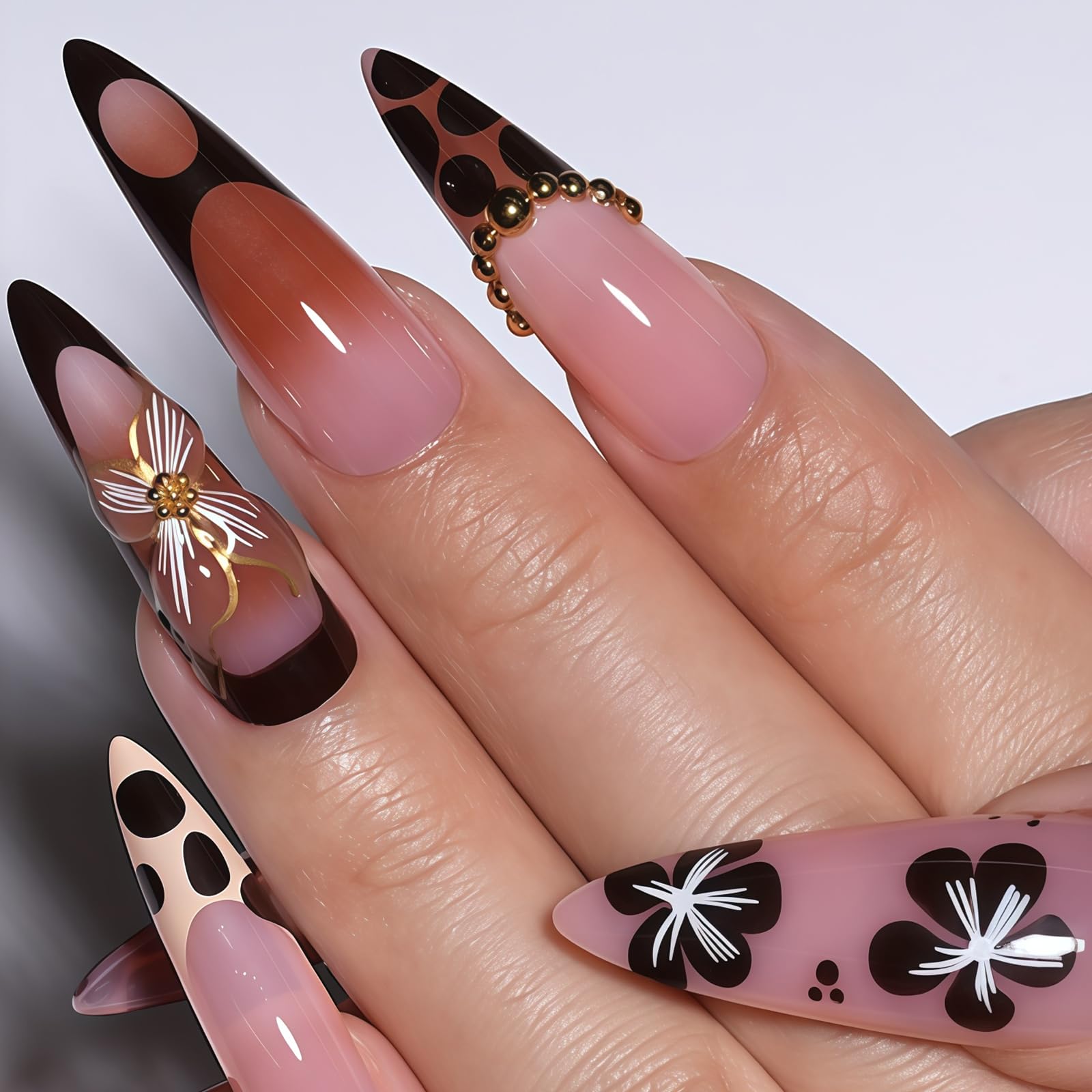 24 Stück Press on Nails Short Almond Blumen Punkte Design Wiederverwendbare Fake