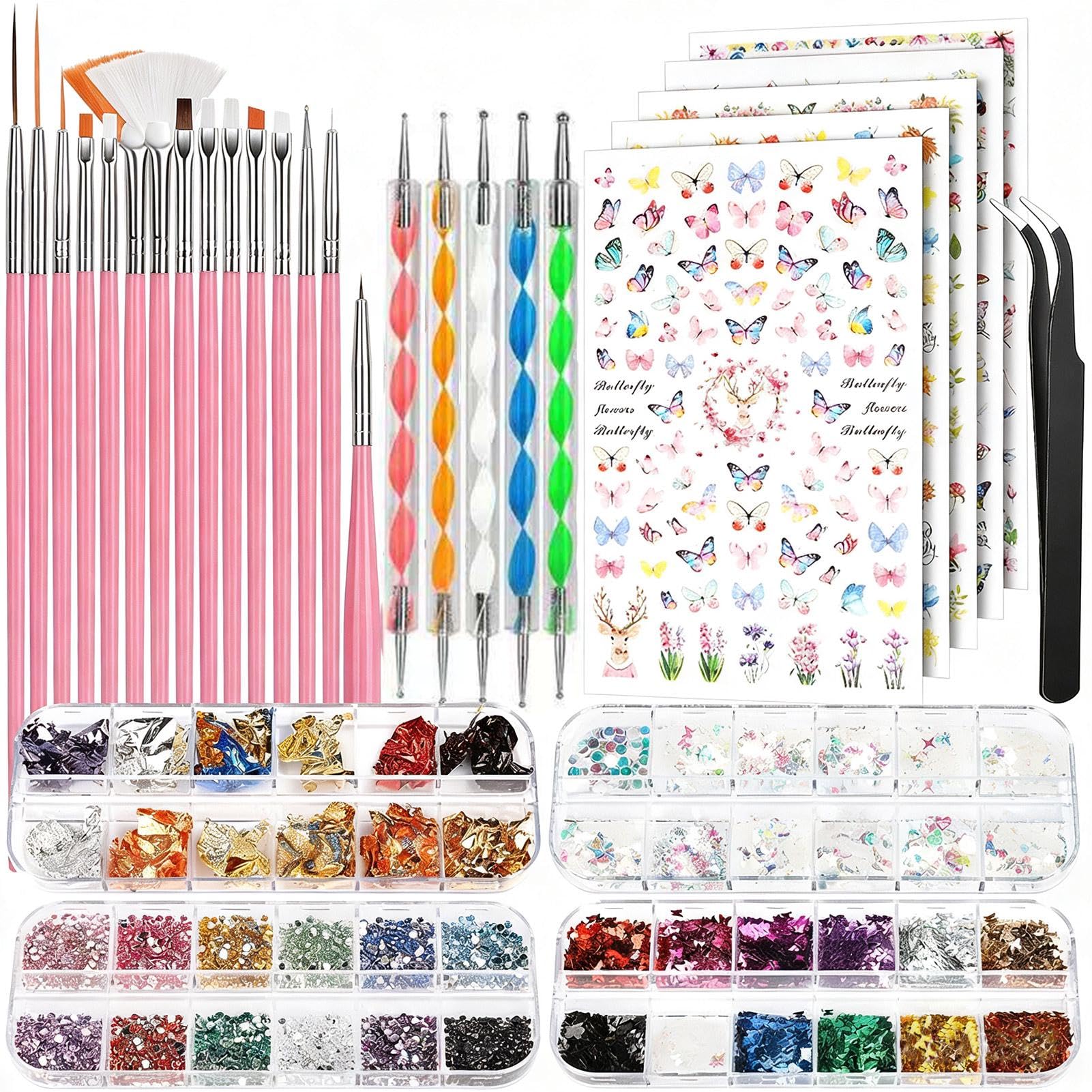 Nail Art Pinsel Set, Nageldesign Kit mit Punktierstiften und Schmetterling Paill
