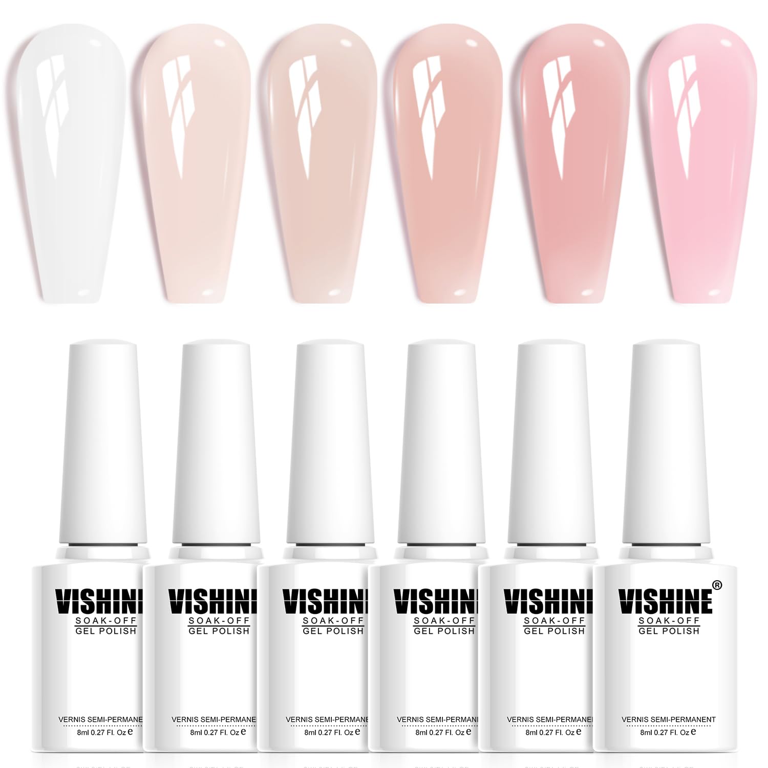 Vishine Gel-Nagellack, Nude Rosa, Set mit 6 Farben, transparenter Effekt, Milchw