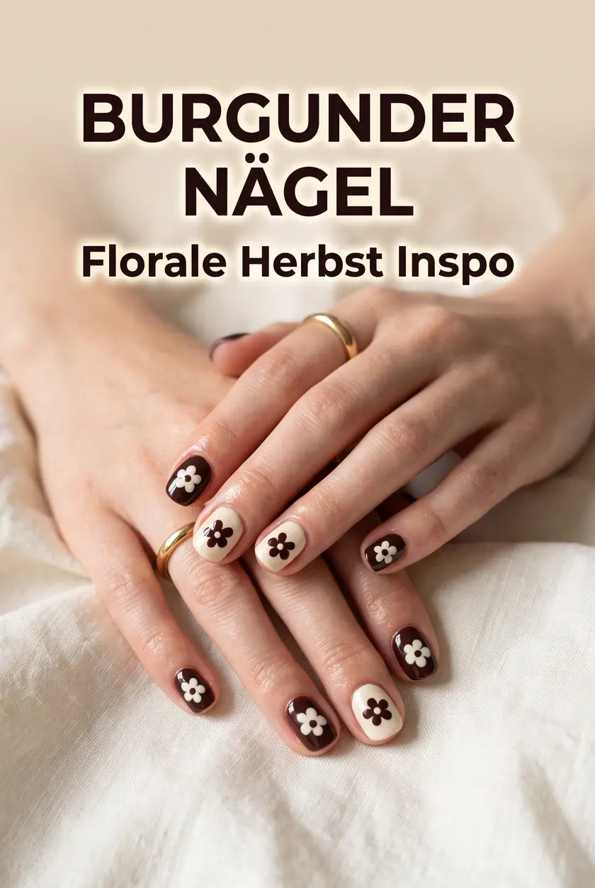 Burgunder Nägel 2026: Elegante Blumen-Muster in Creme & Weinrot