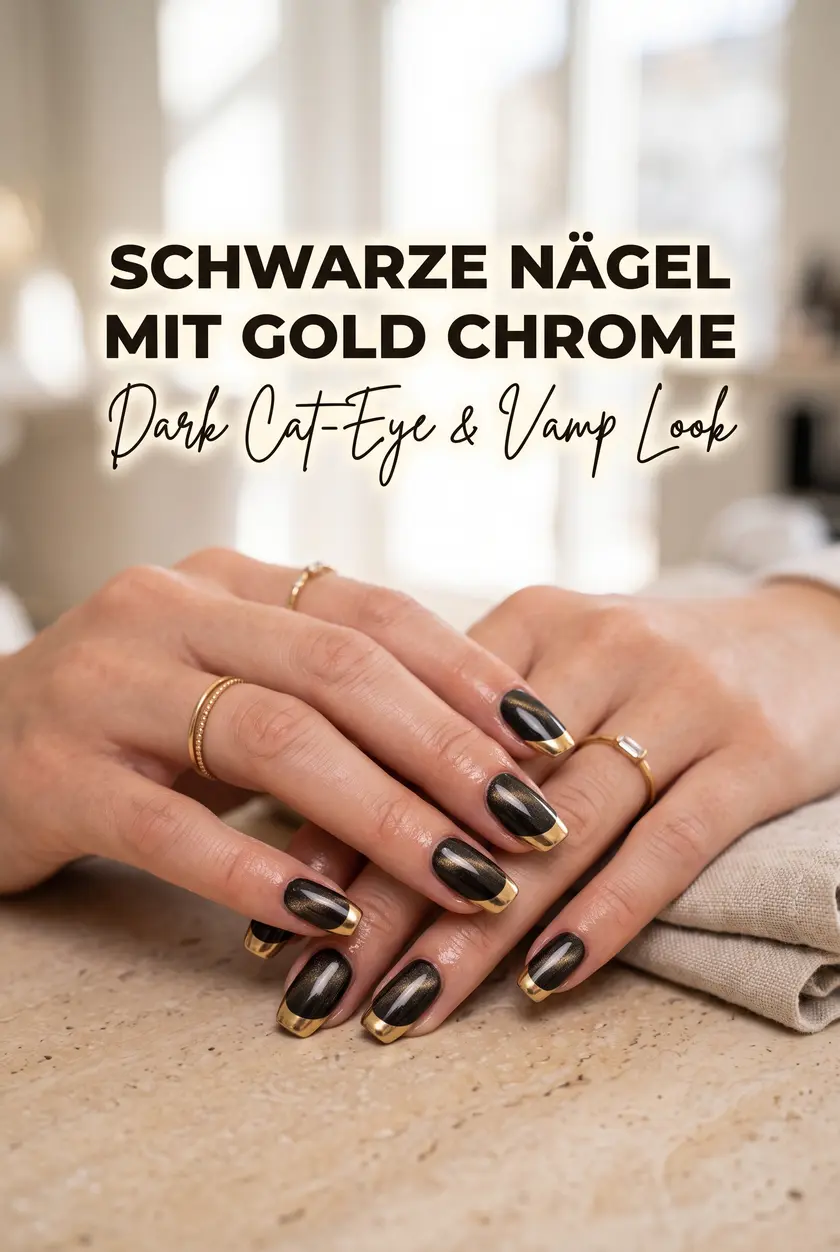 Schwarze Nägel mit Gold Chrome 🖤 Dark Cat Eye & Vamp Look
