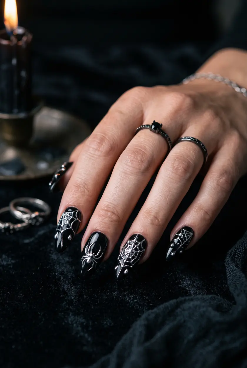 Spooky Spiderweb Chrome Nails 🕸️ Silberne Spinnennetz Nailart