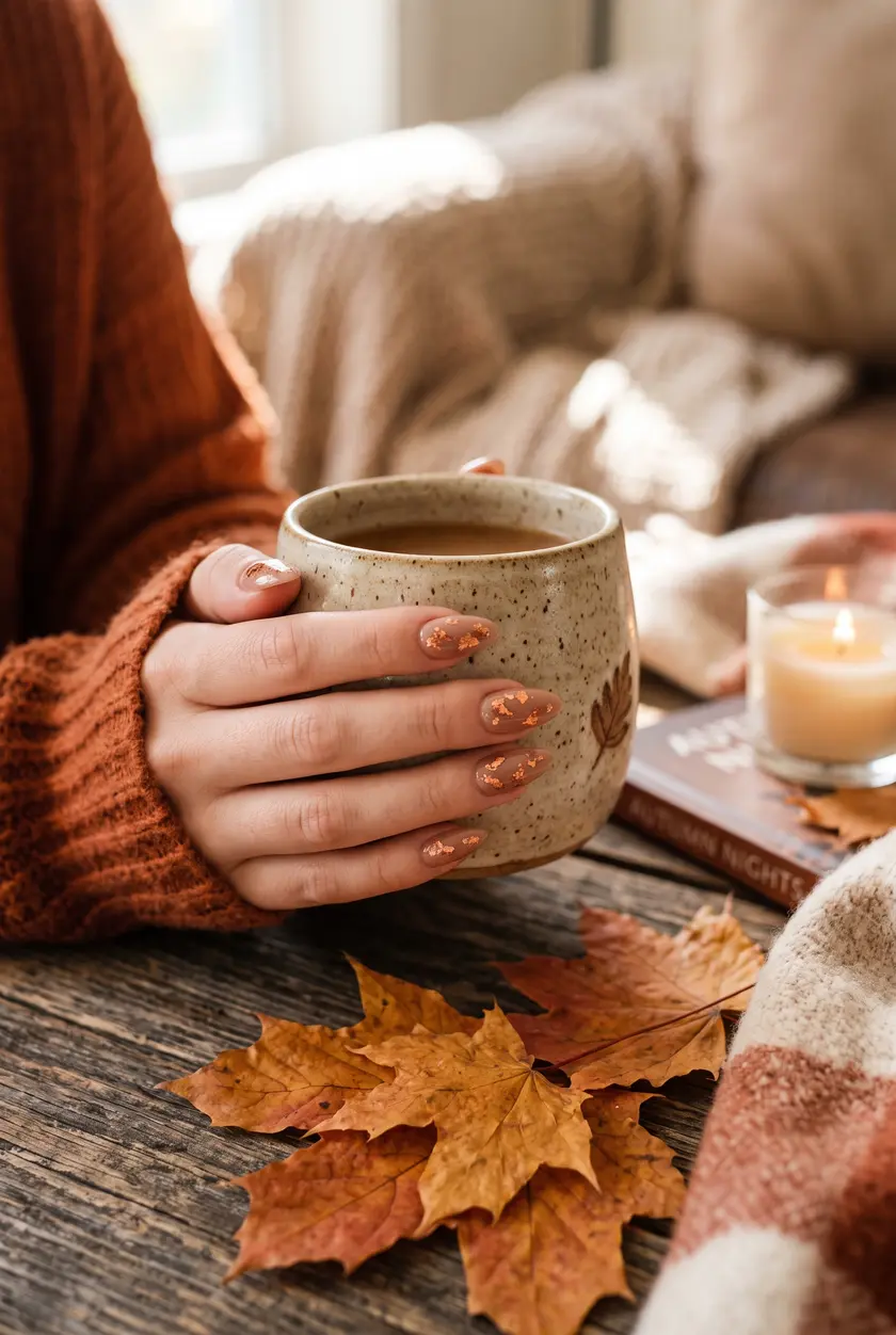 Copper Leaf Autumn Nails 🍁 Warme Kupferblatt-Akzente auf Nude