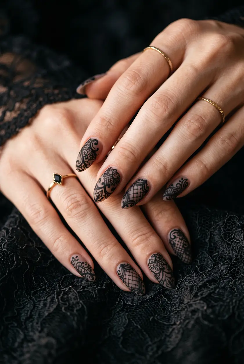 Gothic Lace Halloween Nails 🖤 Filigrane schwarze Spitze für Halloween