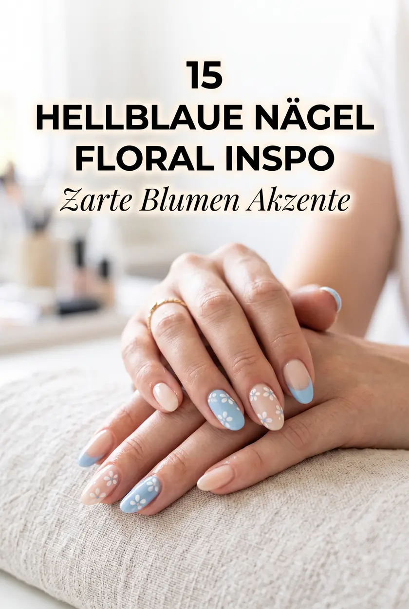 15 Hellblaue & Nude Sommernägel mit zartem Blumen Muster ✨