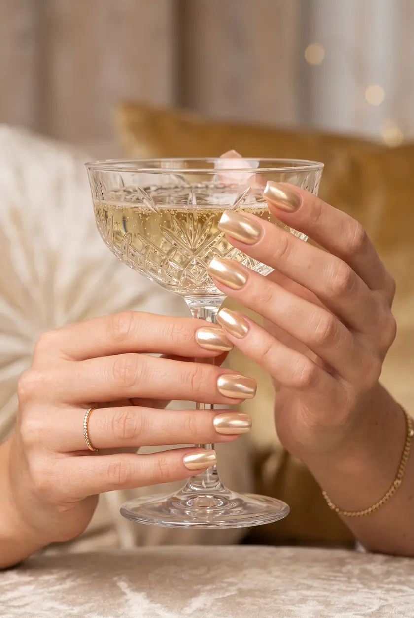 Champagne Shimmer Chrome Nails 🥂 Edle Festtags- & Herbst-Maniküre