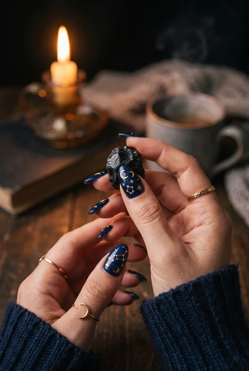 Midnight Celestial Gold Nails ✨ Mystisches Nachtblau mit Goldsternen