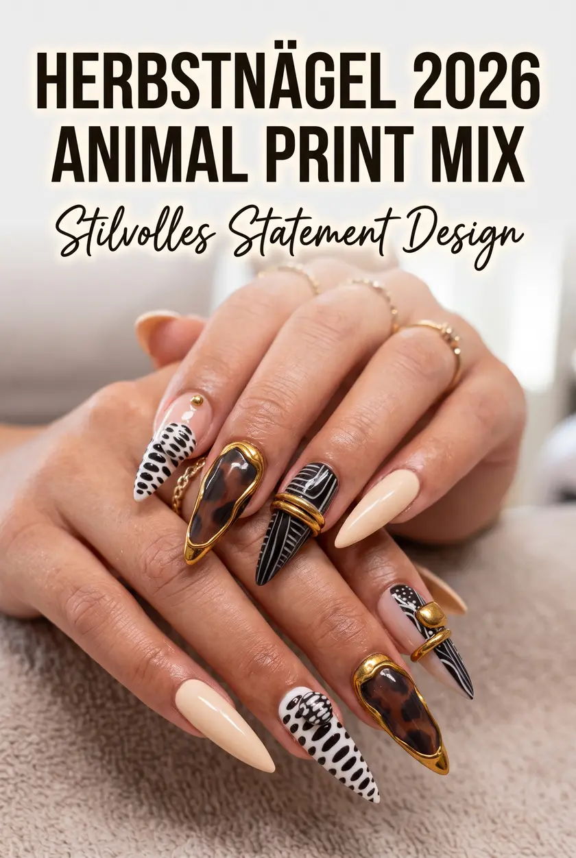 Herbstnägel 2026: Moderner Animal Print Mix & Match Look