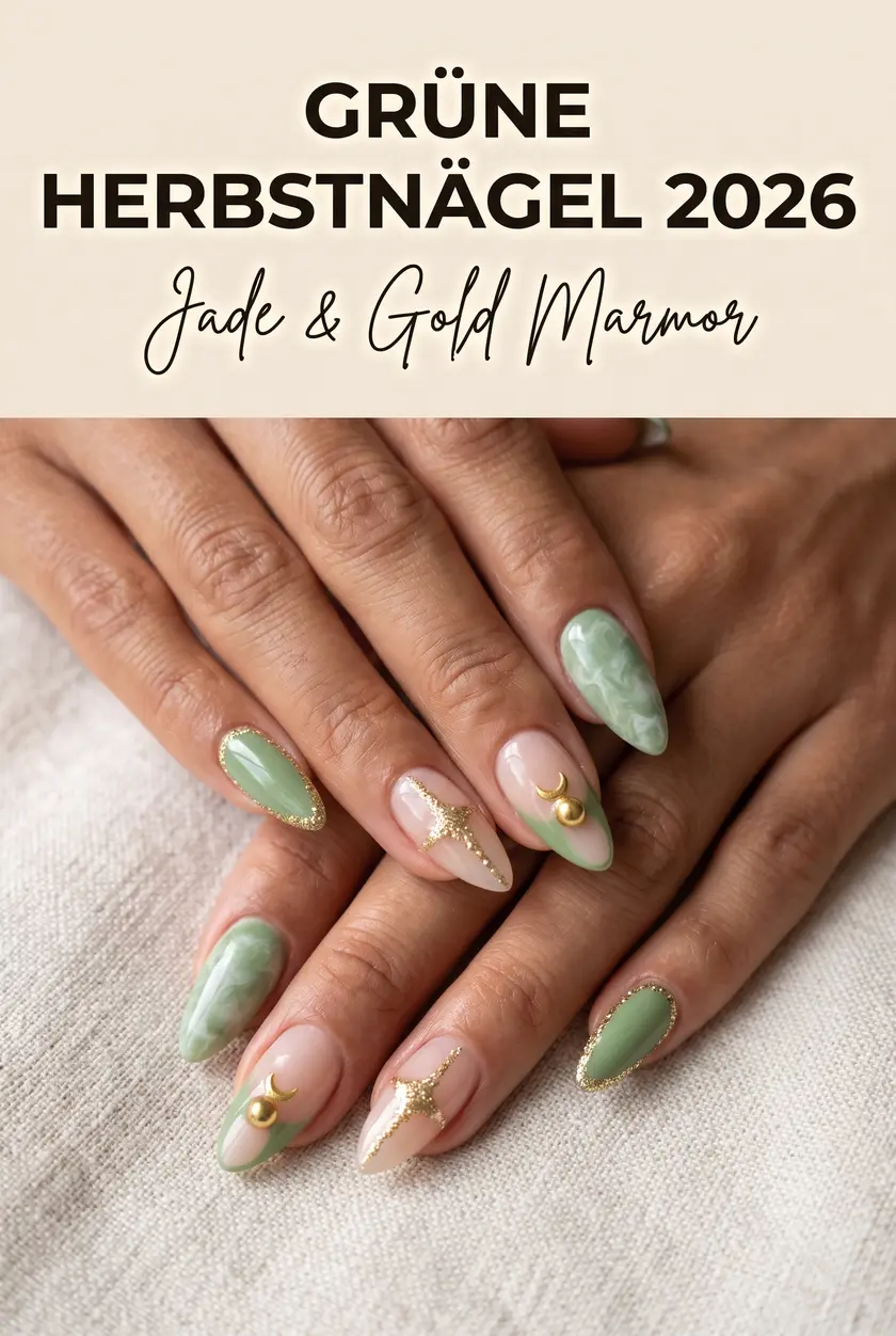 Grüne Herbstnägel mit Marmor-Effekt | Elegante Jade Nägel 2026